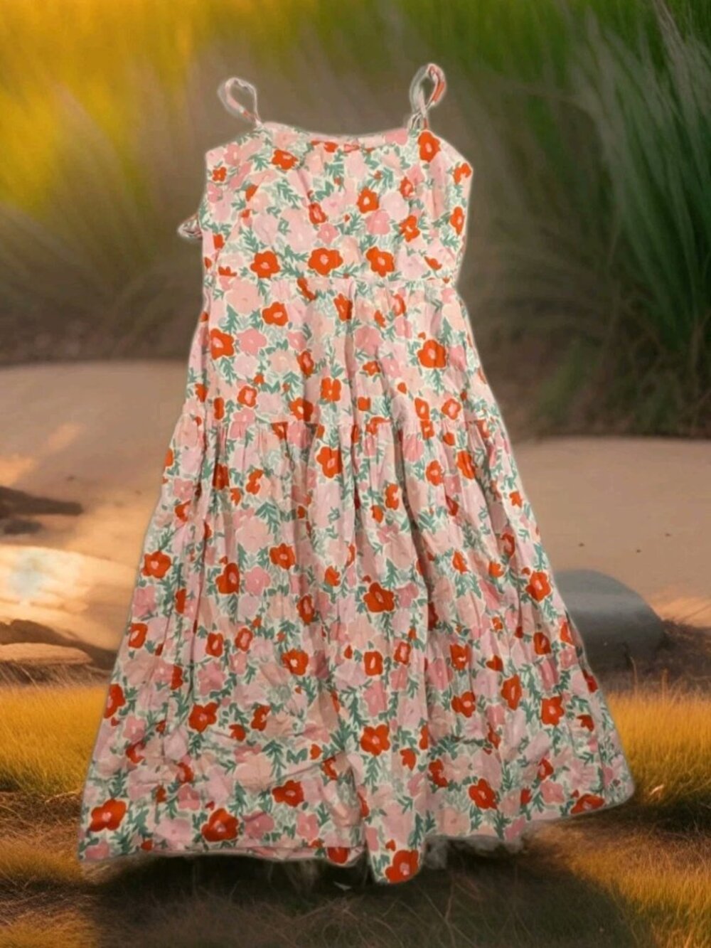 Free Assembly Women's XS Floral Midi Dress Pink Red Tiered Spaghetti Strap